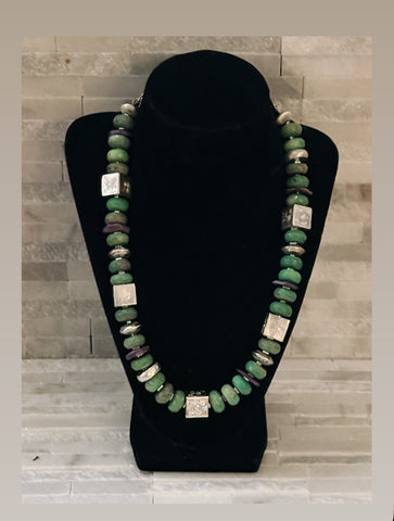 Chrysoprase & Sugilite Necklace with Handmade Sterling Silver Cube Beads